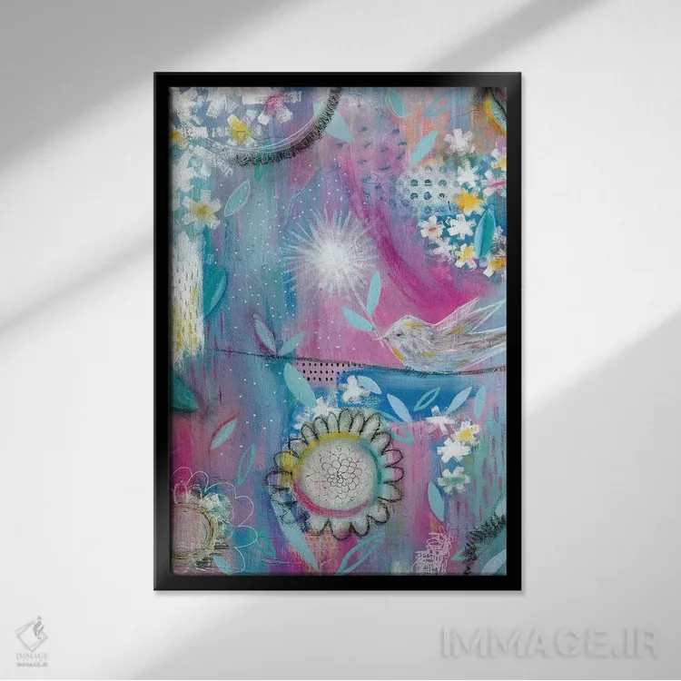 تابلو انتزاعی پرنده صورتی اثر سارا فرانکلین - نمای قابدار مشکی