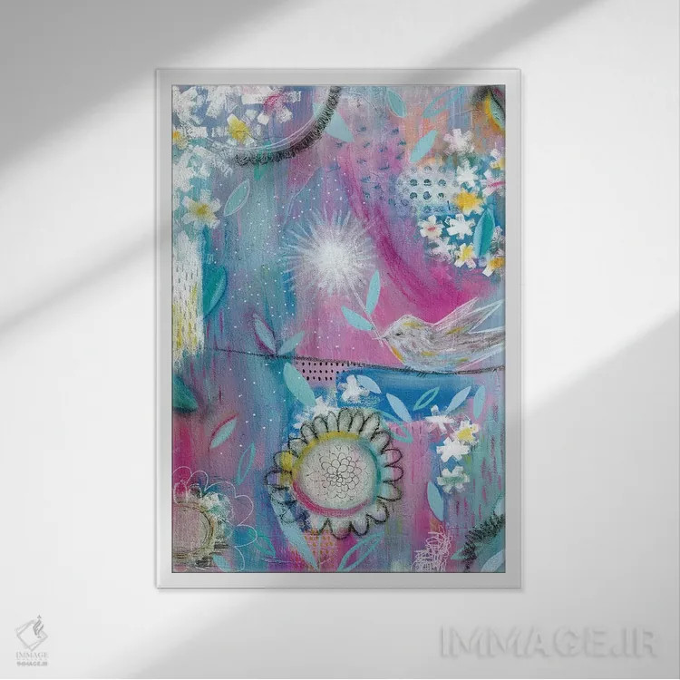 تابلو انتزاعی پرنده صورتی اثر سارا فرانکلین - نمای قابدار سفید