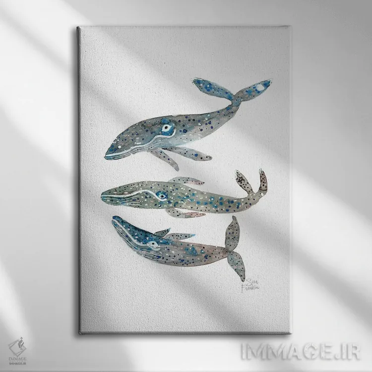 تابلو مینیمال نهنگ ها اثر سارا فرانکلین - نمای روبهرو روی دیوار