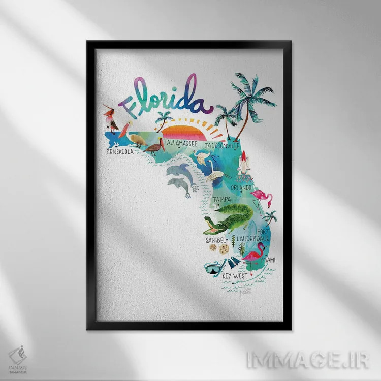 تابلو دکوراتیو نقشه فلوریدا اثر سارا فرانکلین - نمای قابدار مشکی