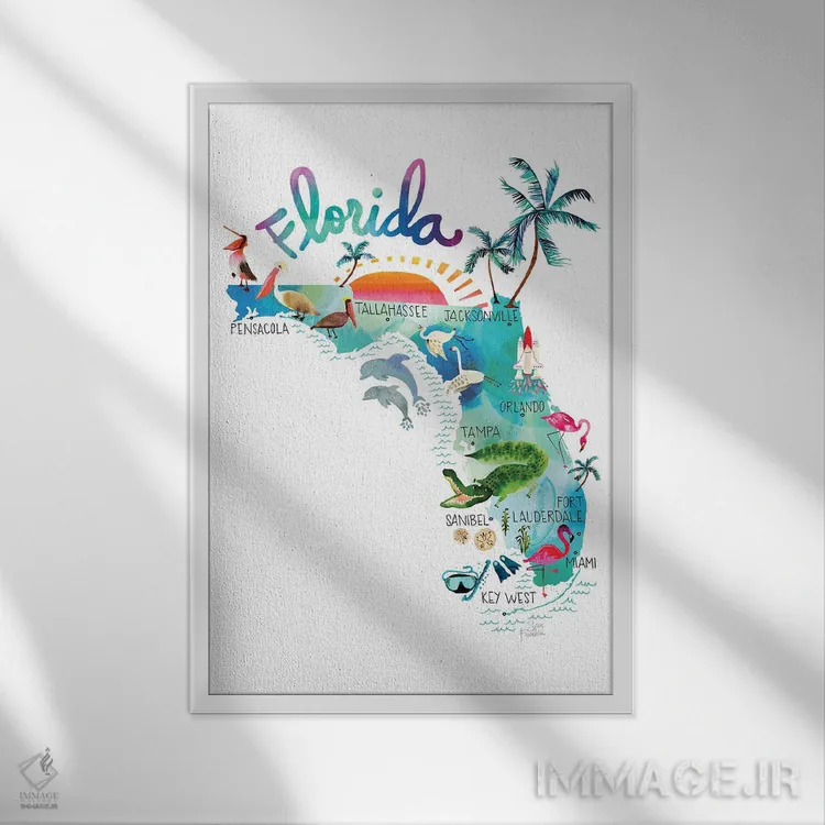 تابلو دکوراتیو نقشه فلوریدا اثر سارا فرانکلین - نمای قابدار سفید