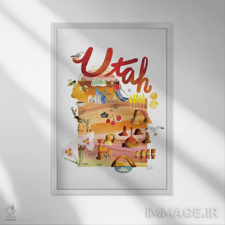 تابلو دکوراتیو نقشه یوتا اثر سارا فرانکلین - نمای قابدار سفید