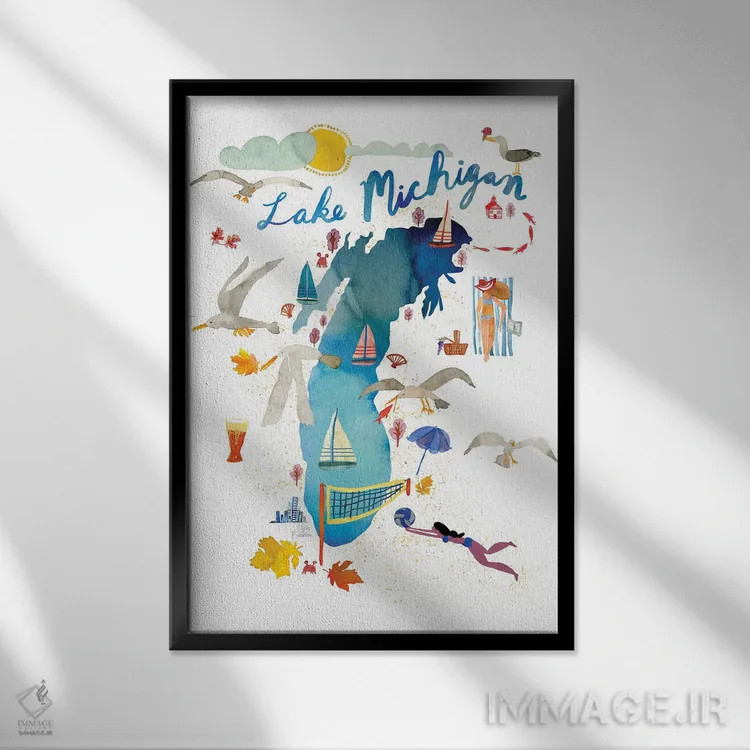 تابلو دکوراتیو نقشه دریاچه میشیگان اثر سارا فرانکلین - نمای قابدار مشکی