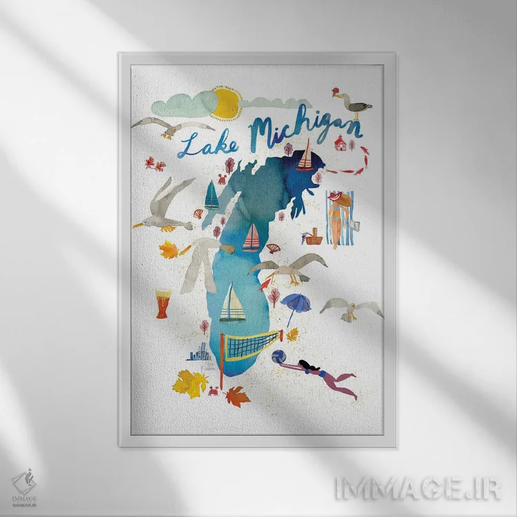 تابلو دکوراتیو نقشه دریاچه میشیگان اثر سارا فرانکلین - نمای قابدار سفید