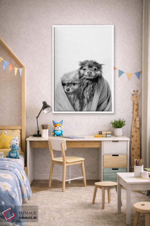 تابلو دکوراتیو Chelsea And Pancake, Black & White,سگ های خیس، چلسی و پنکیک اثر سوفی گامان - D1W