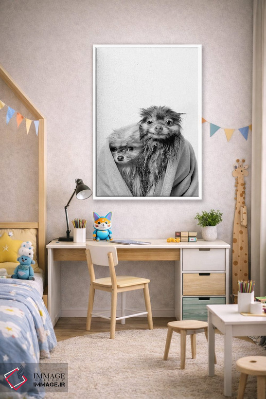 تابلو دکوراتیو Chelsea And Pancake, Black & White,سگ های خیس، چلسی و پنکیک اثر سوفی گامان - D1W