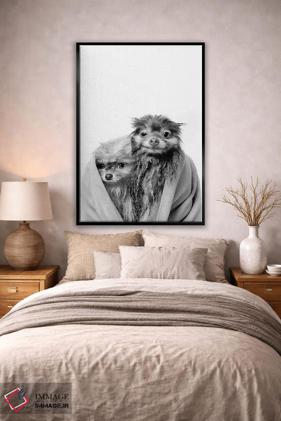 تابلو دکوراتیو Chelsea And Pancake, Black & White,سگ های خیس، چلسی و پنکیک اثر سوفی گامان - D2B
