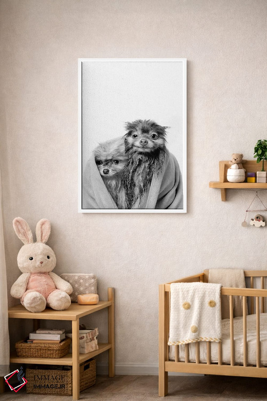 تابلو دکوراتیو Chelsea And Pancake, Black & White,سگ های خیس، چلسی و پنکیک اثر سوفی گامان - D4W