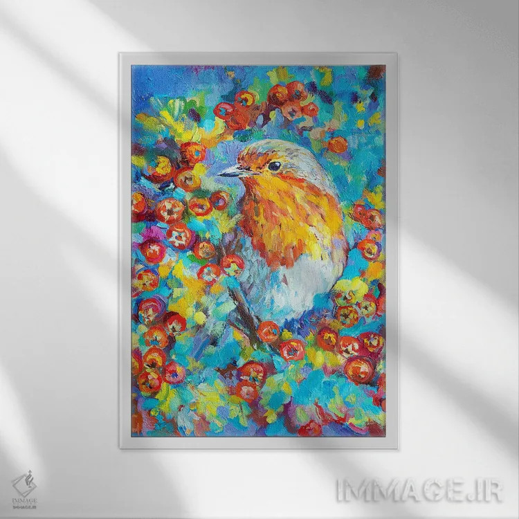 تابلو دکوراتیو سینه سرخ زالزالکی اثر سو گاردنر - نمای قابدار سفید