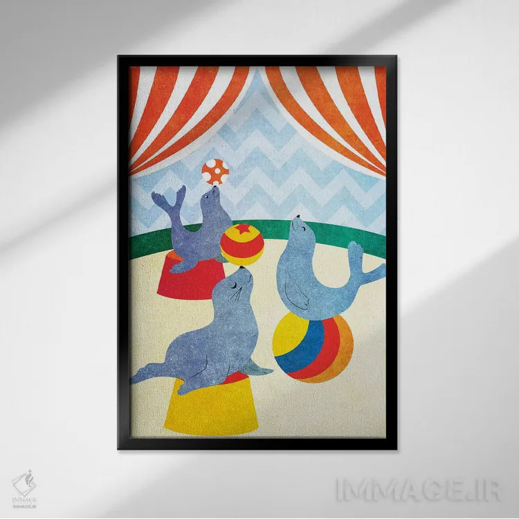 تابلو دکوراتیو فیل ها و فوک ها در صحنه اصلی II اثر استودیو گرافیک SD - نمای قابدار مشکی
