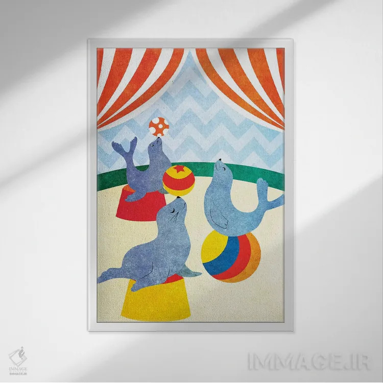 تابلو دکوراتیو فیل ها و فوک ها در صحنه اصلی II اثر استودیو گرافیک SD - نمای قابدار سفید