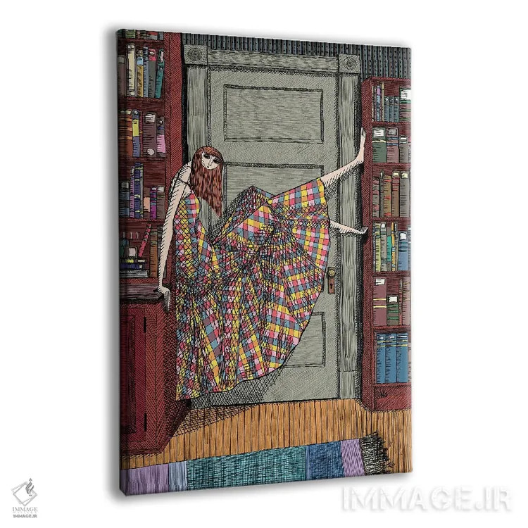 تابلو دکوراتیو او لباس چهارخانه ای در کتابخانه پوشید اثر شان گلگر - نمای پرسپکتیو محصول
