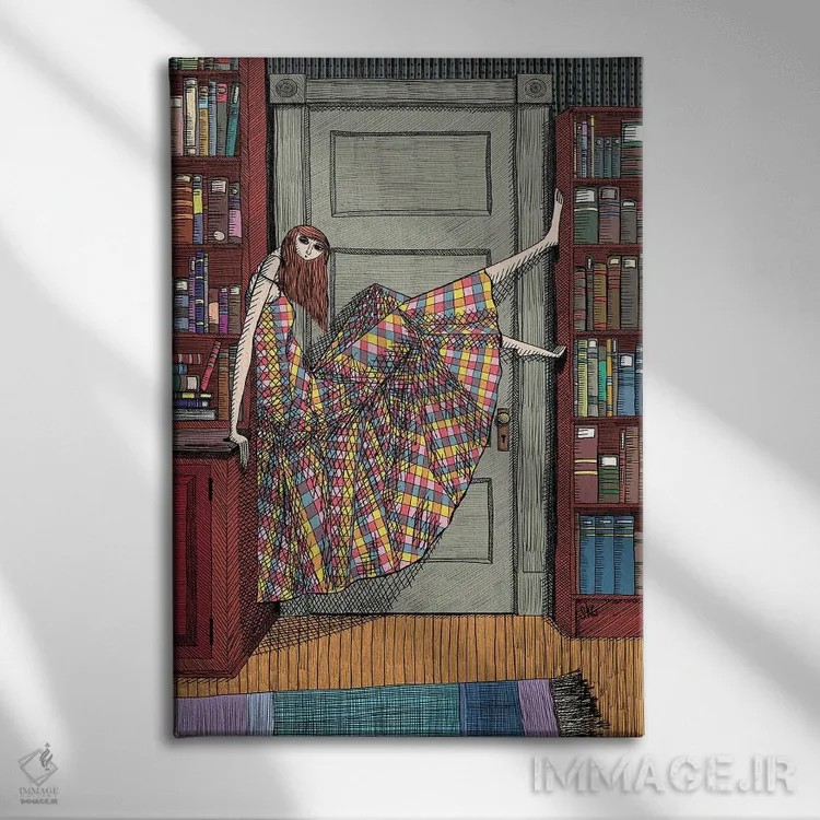 تابلو دکوراتیو او لباس چهارخانه ای در کتابخانه پوشید اثر شان گلگر - نمای روبهرو روی دیوار