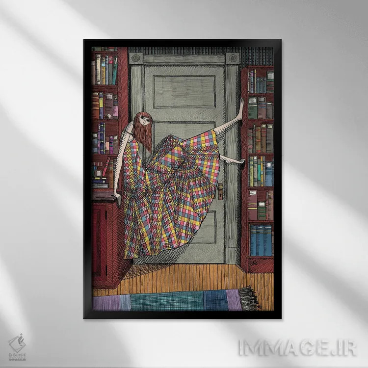 تابلو دکوراتیو او لباس چهارخانه ای در کتابخانه پوشید اثر شان گلگر - نمای قابدار مشکی