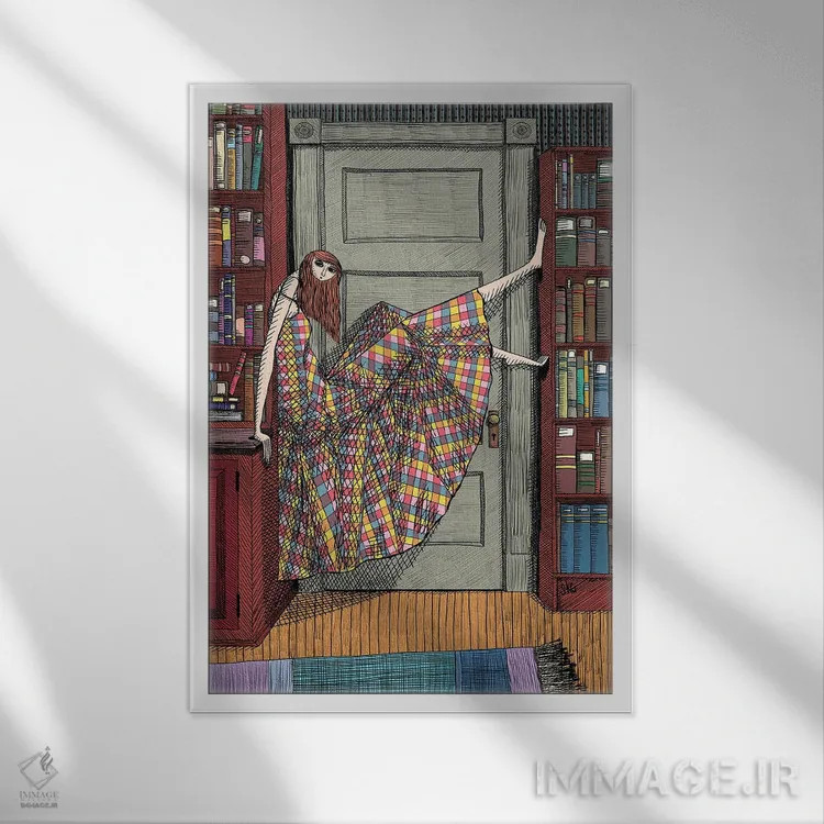 تابلو دکوراتیو او لباس چهارخانه ای در کتابخانه پوشید اثر شان گلگر - نمای قابدار سفید