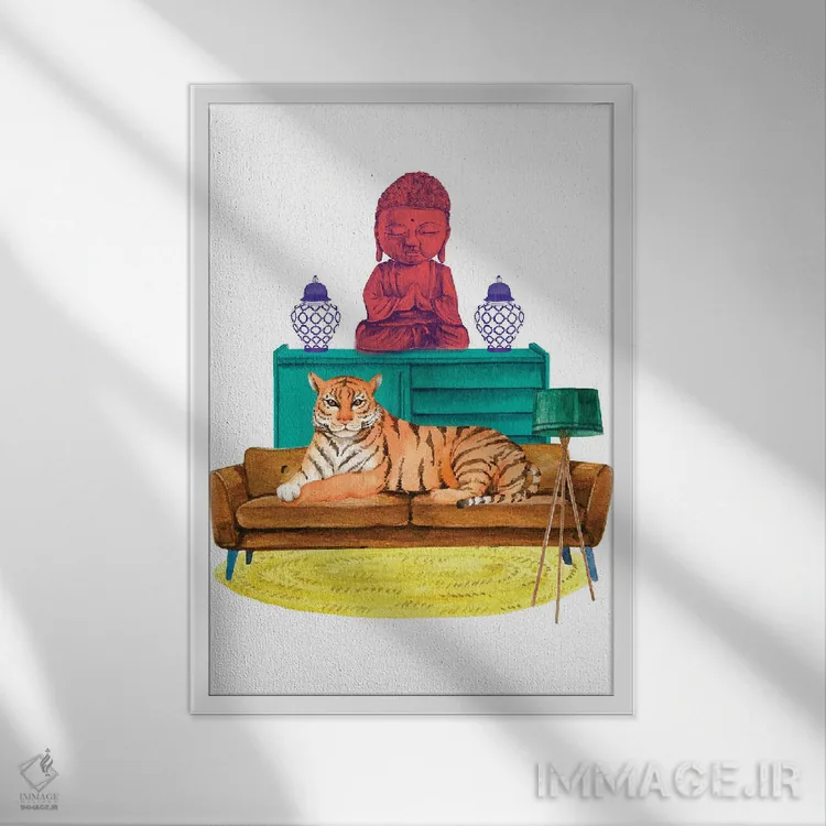 تابلو دکوراتیو ببر در اتاق دکور چینی اثر ژانیا شاریپژانوا - نمای قابدار سفید