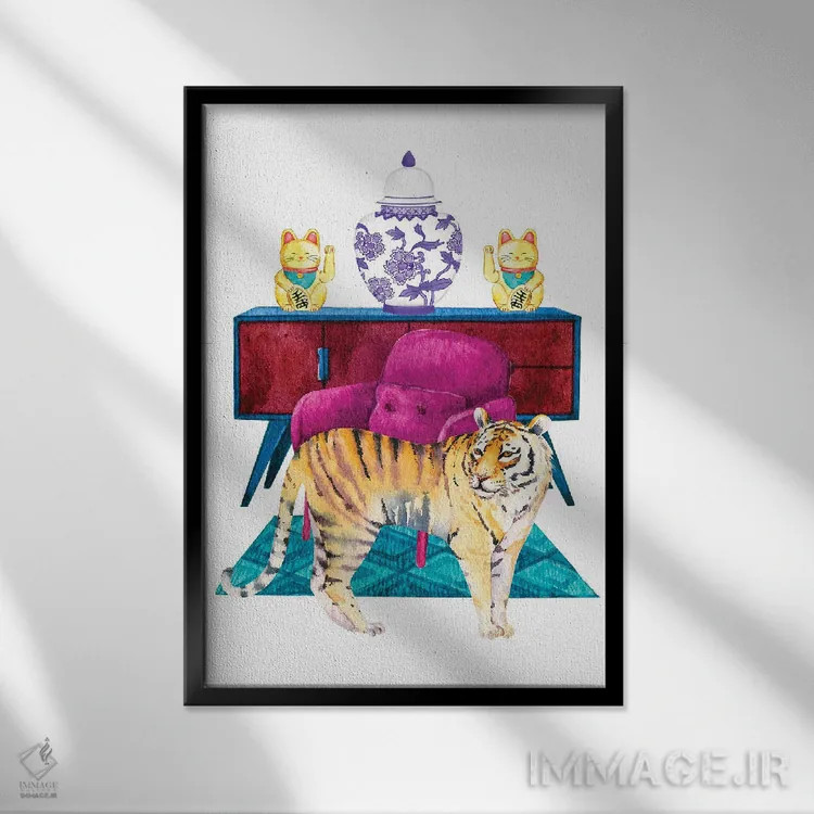 تابلو دکوراتیو ببر در نشیمن با دکور چینی اثر ژانیا شاریپژانوا - نمای قابدار مشکی