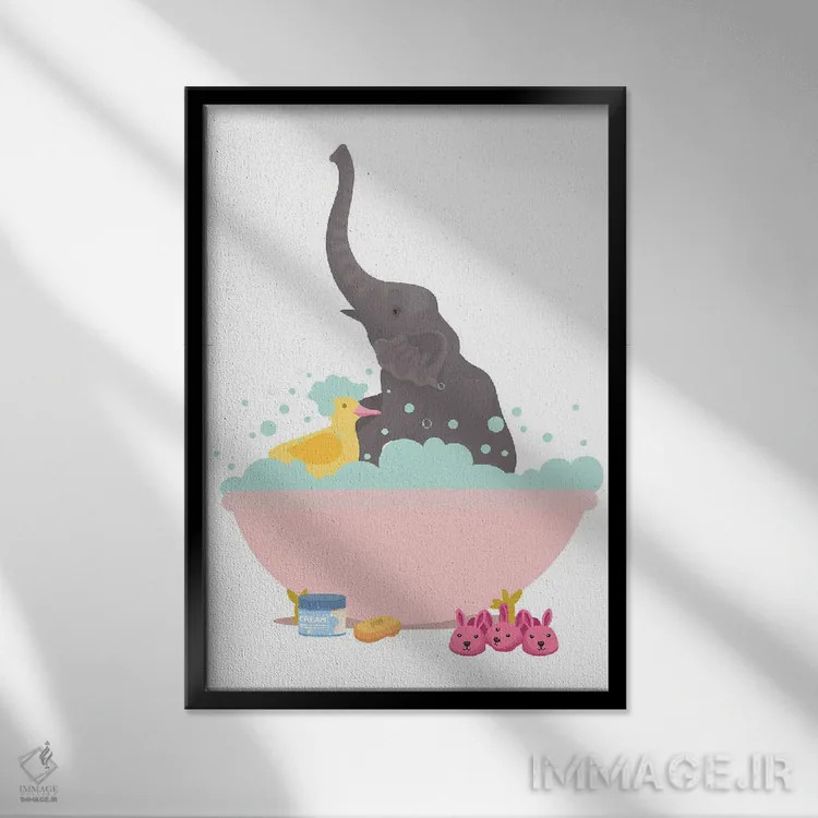 تابلو دکوراتیو فیل در وان حمام اثر ژانیا شاریپژانوا - نمای قابدار مشکی