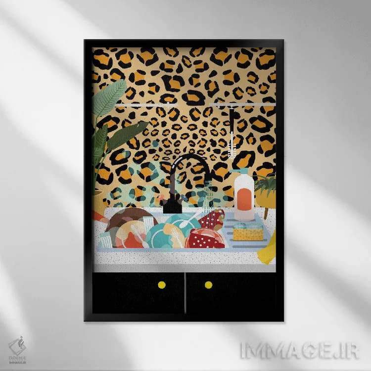 تابلو دکوراتیو آشپزخانه یوزپلنگی اثر ژانیا شاریپژانوا - نمای قابدار مشکی