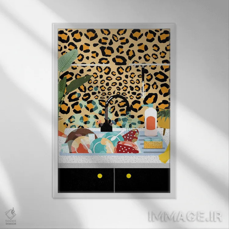 تابلو دکوراتیو آشپزخانه یوزپلنگی اثر ژانیا شاریپژانوا - نمای قابدار سفید