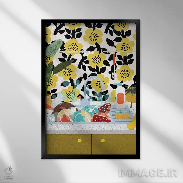 تابلو مدرن سینک در آشپزخانه میانه قرن اثر ژانیا شاریپژانوا - نمای قابدار مشکی