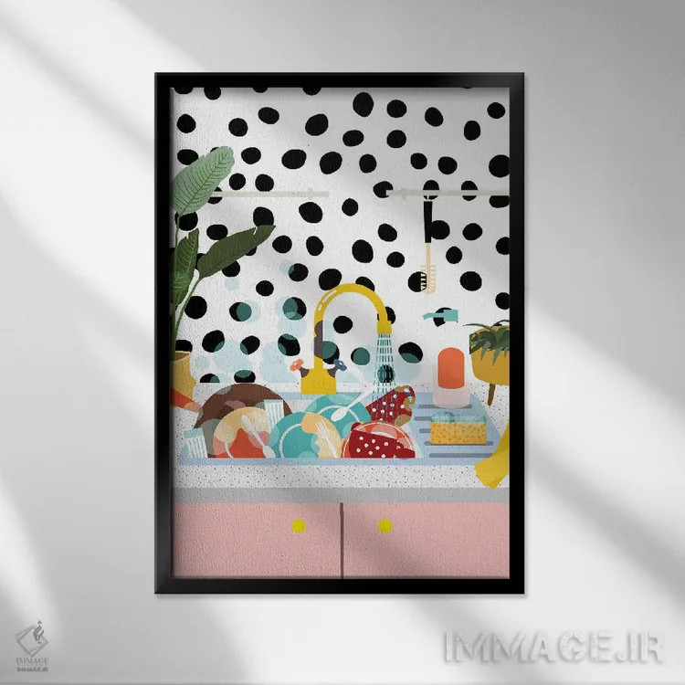 تابلو دکوراتیو ظرفشویی پر از ظرف اثر ژانیا شاریپژانوا - نمای قابدار مشکی