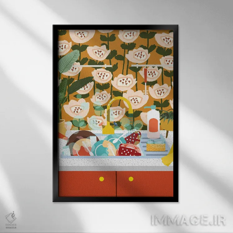تابلو مدرن سینک آشپزخانه میانه قرن اثر ژانیا شاریپژانوا - نمای قابدار مشکی