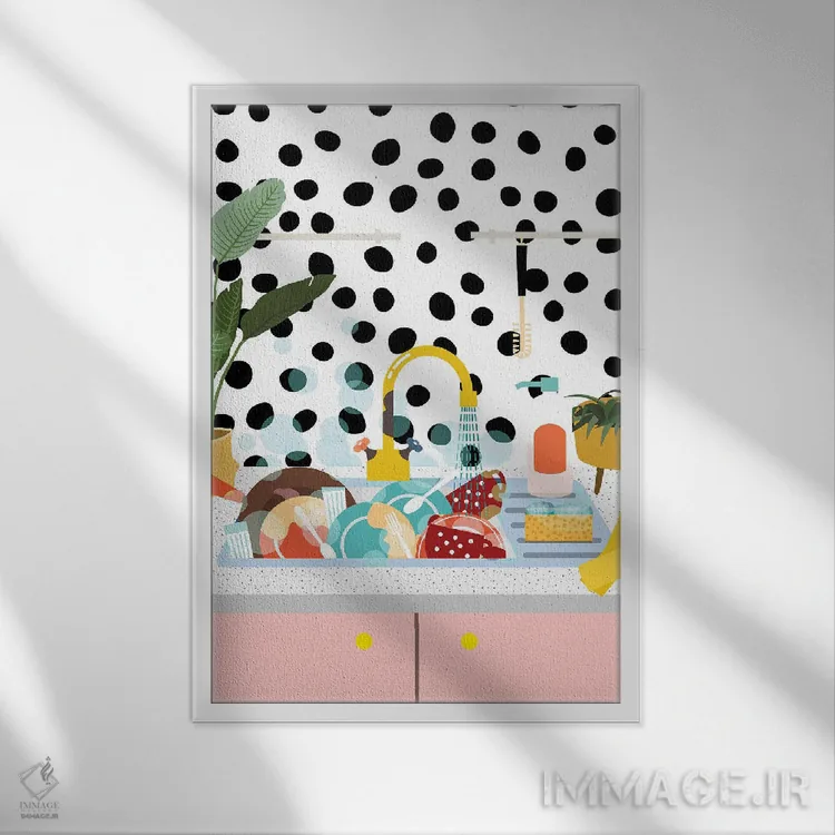 تابلو دکوراتیو ظرفشویی پر از ظرف اثر ژانیا شاریپژانوا - نمای قابدار سفید