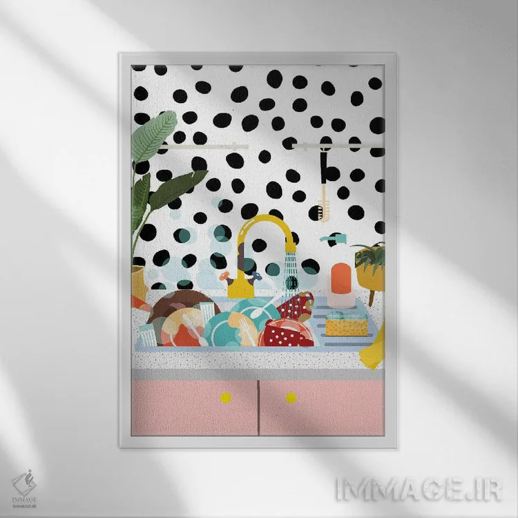 تابلو دکوراتیو ظرفشویی پر از ظرف اثر ژانیا شاریپژانوا - نمای قابدار سفید