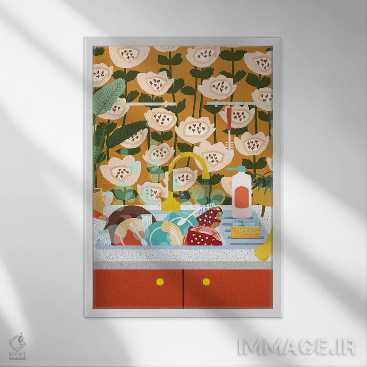 تابلو مدرن سینک آشپزخانه میانه قرن اثر ژانیا شاریپژانوا - نمای قابدار سفید