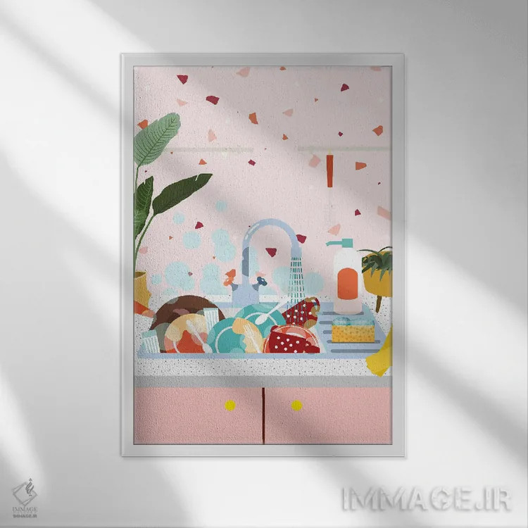 تابلو دکوراتیو آشپزخانه صورتی با کفپوش ترازو اثر ژانیا شاریپژانوا - نمای قابدار سفید