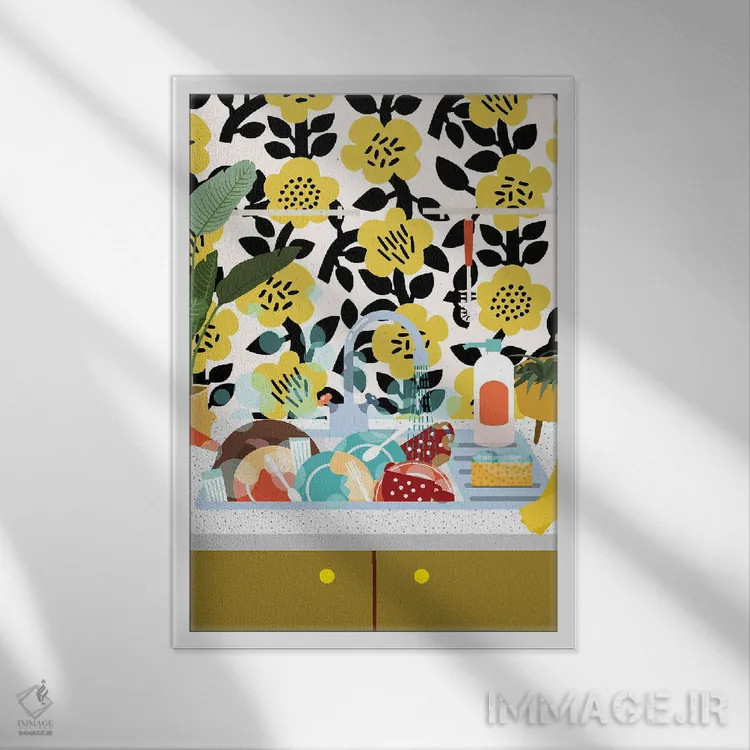 تابلو مدرن سینک در آشپزخانه میانه قرن اثر ژانیا شاریپژانوا - نمای قابدار سفید