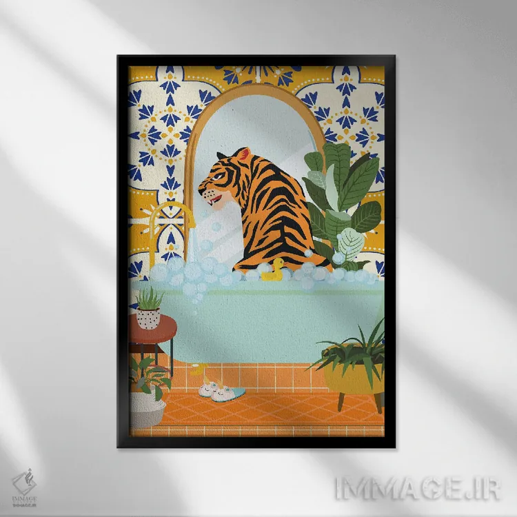 تابلو مدرن ببر در وان حمام و گرفتن حمام کف اثر ژانیا شاریپژانوا - نمای قابدار مشکی