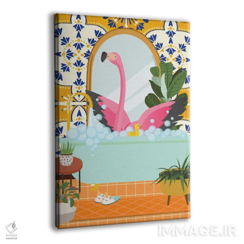 تابلو مدرن فلامینگو در حمام بوهویی با کاشی مراکشی اثر ژانیا شاریپژانوا - نمای پرسپکتیو محصول