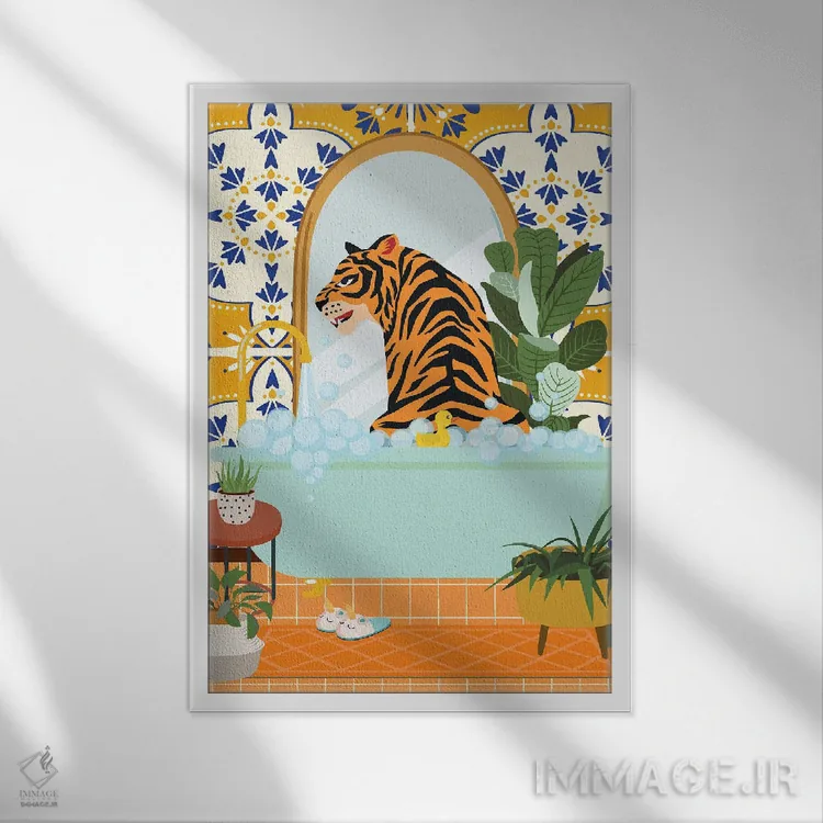 تابلو مدرن ببر در وان حمام و گرفتن حمام کف اثر ژانیا شاریپژانوا - نمای قابدار سفید
