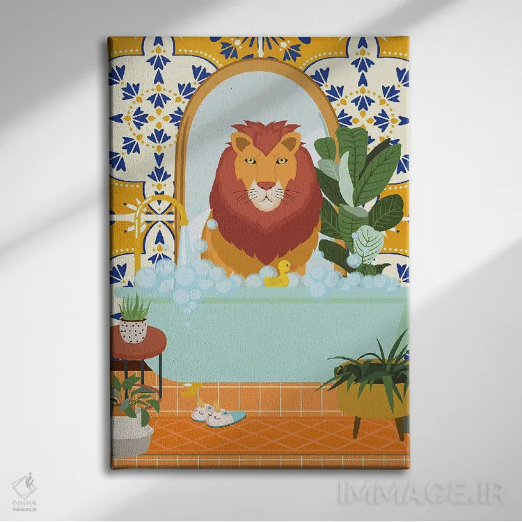 تابلو مدرن شیر در حمام بوهویی با کاشی مراکشی اثر ژانیا شاریپژانوا - نمای روبهرو روی دیوار