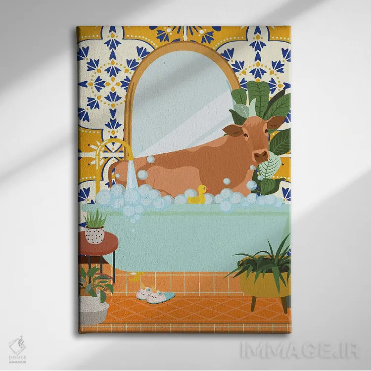 تابلو مدرن گاو در حمام بوهویی با کاشی مراکشی اثر ژانیا شاریپژانوا - نمای روبهرو روی دیوار