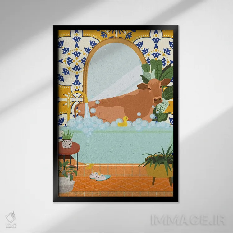 تابلو مدرن گاو در حمام بوهویی با کاشی مراکشی اثر ژانیا شاریپژانوا - نمای قابدار مشکی