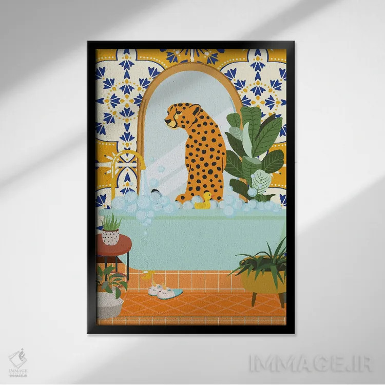 تابلو مدرن چیتا در حمام بوهویی با کاشی مراکشی اثر ژانیا شاریپژانوا - نمای قابدار مشکی
