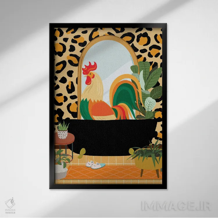 تابلو مدرن خروس با دکور حمام چیتا اثر ژانیا شاریپژانوا - نمای قابدار مشکی