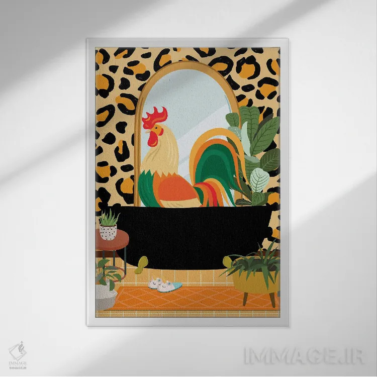 تابلو مدرن خروس با دکور حمام چیتا اثر ژانیا شاریپژانوا - نمای قابدار سفید