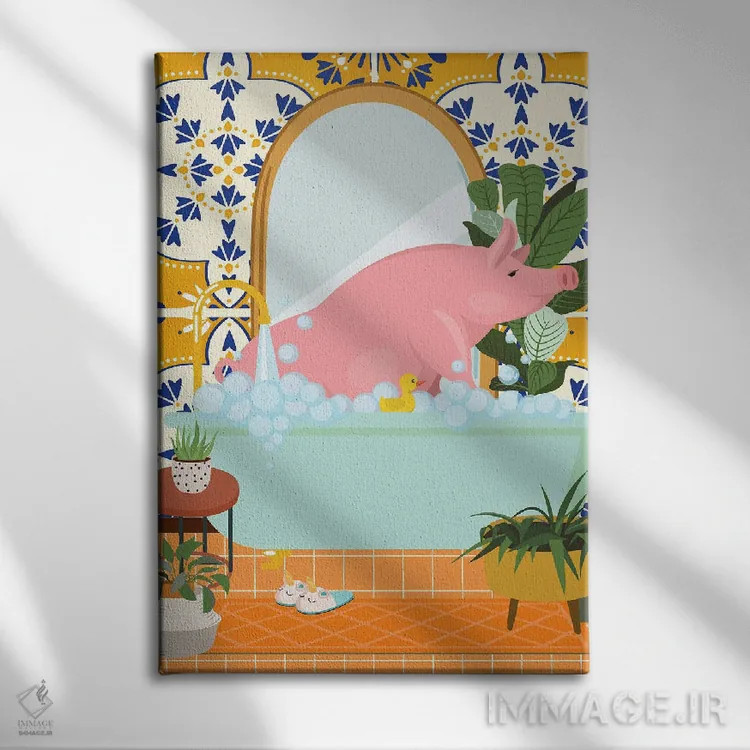 تابلو مدرن خوک کوچک در حمام با کاشی مراکشی اثر ژانیا شاریپژانوا - نمای روبهرو روی دیوار