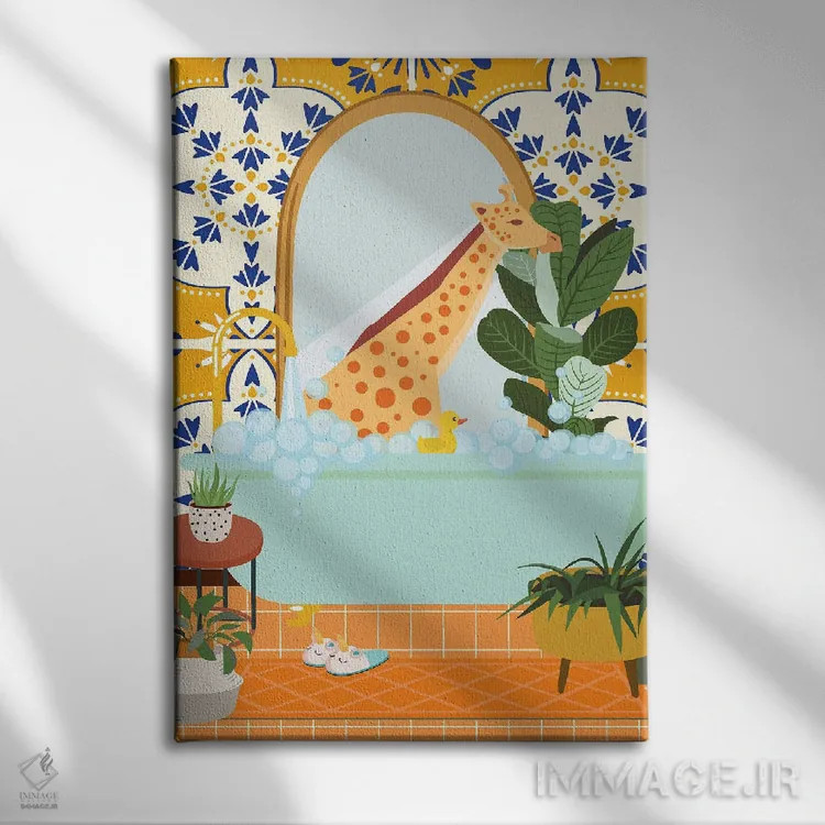 تابلو مدرن زرافه در حمام با کاشی مراکشی اثر ژانیا شاریپژانوا - نمای روبهرو روی دیوار