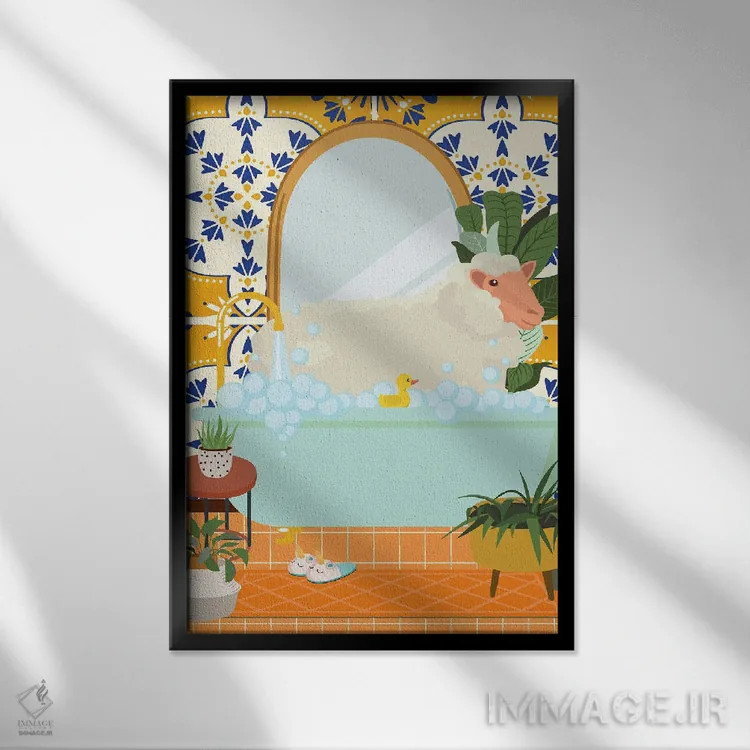 تابلو مدرن گوسفند در حمام با کاشی مراکشی اثر ژانیا شاریپژانوا - نمای قابدار مشکی