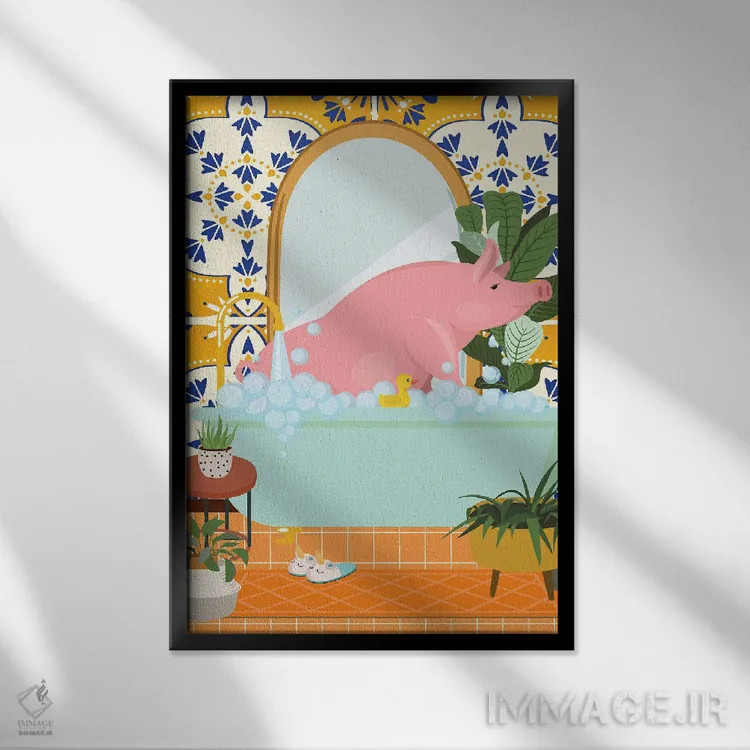 تابلو مدرن خوک کوچک در حمام با کاشی مراکشی اثر ژانیا شاریپژانوا - نمای قابدار مشکی
