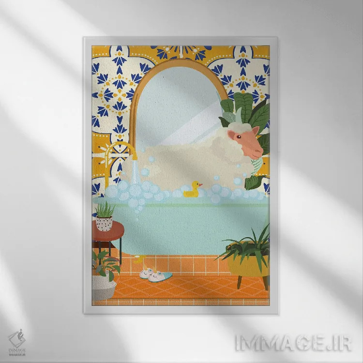 تابلو مدرن گوسفند در حمام با کاشی مراکشی اثر ژانیا شاریپژانوا - نمای قابدار سفید