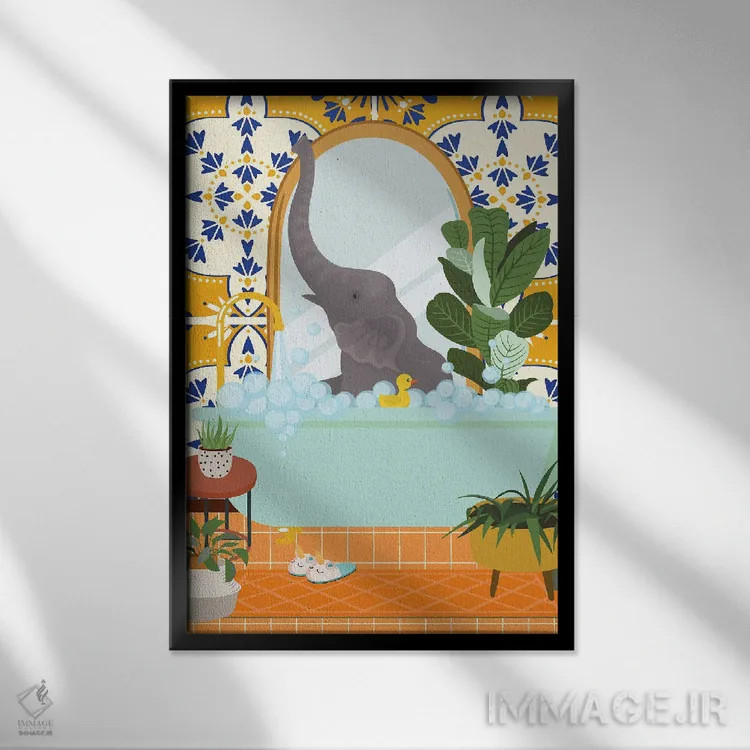تابلو مدرن فیل در حمام با کاشی مراکشی اثر ژانیا شاریپژانوا - نمای قابدار مشکی