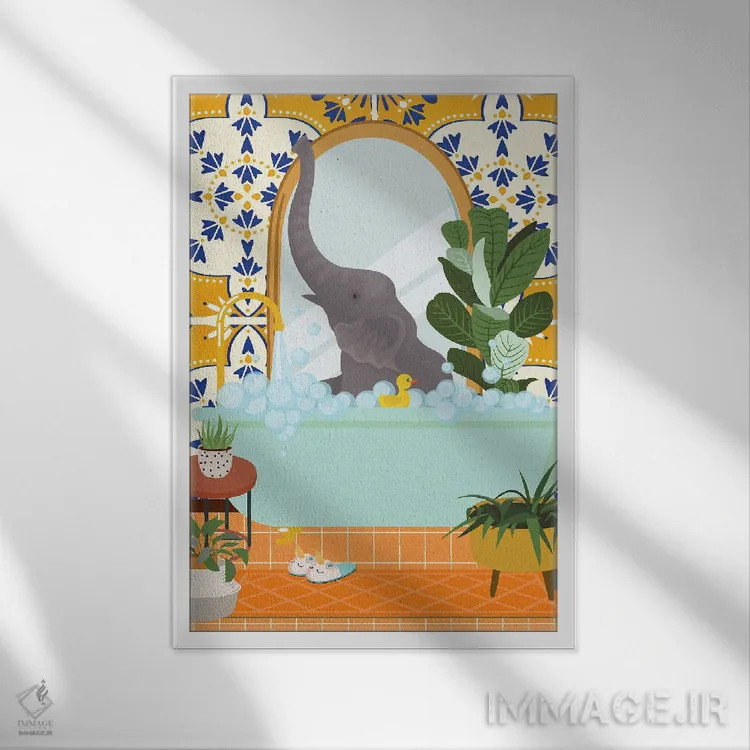 تابلو مدرن فیل در حمام با کاشی مراکشی اثر ژانیا شاریپژانوا - نمای قابدار سفید