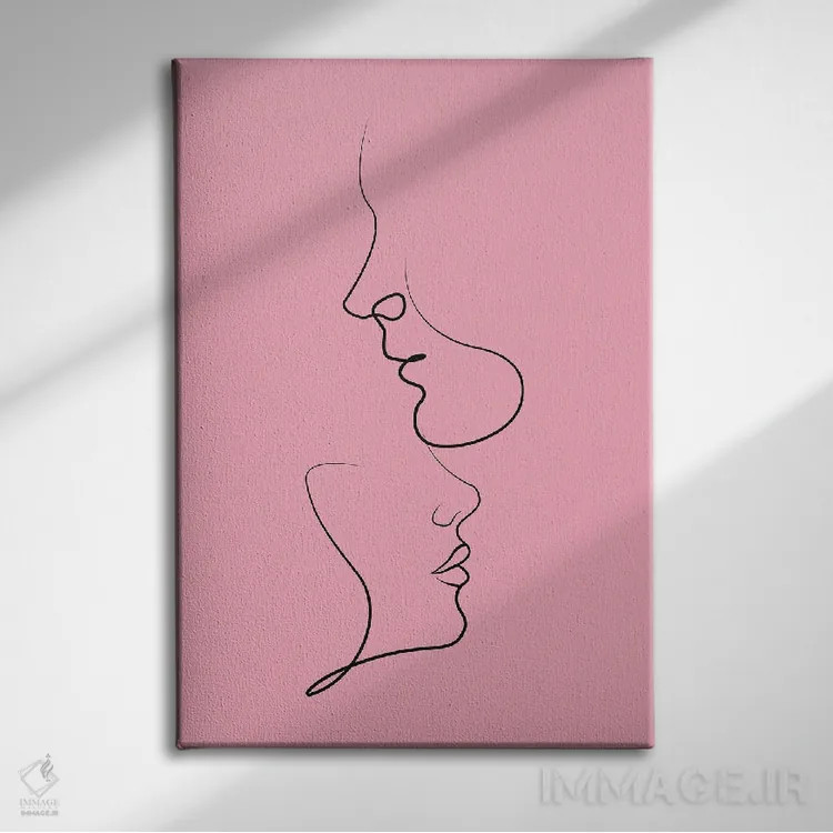 تابلو مینیمال نقاشی خطی زوج روی زمینه صورتی اثر ژانیا شاریپژانوا - نمای روبهرو روی دیوار