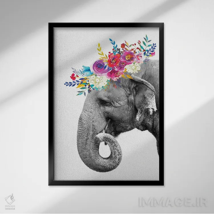 تابلو دکوراتیو فیل با گل آرایی حلقه ای اثر ژانیا شاریپژانوا - نمای قابدار مشکی